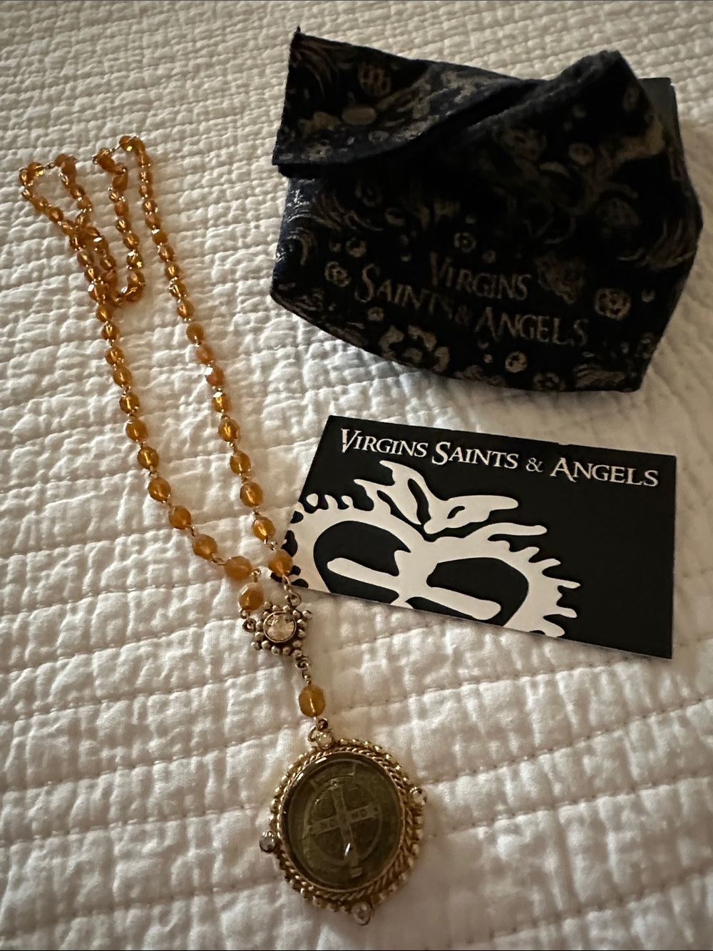 Virgins Saints & Angels Gold and Amber Bead Cross Medallion Necklace
